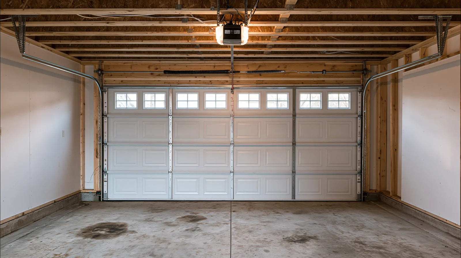 Completed garage door installation showing insulated steel panels with window inserts, torsion spring, tracks, and belt-drive opener in a Green Bay new-construction home
