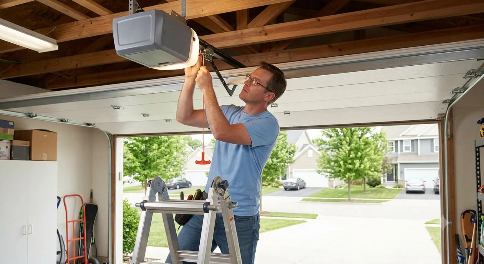Titletown Garage Door technician servicing an overhead garage door opener from a ladder in an Ashwaubenon home