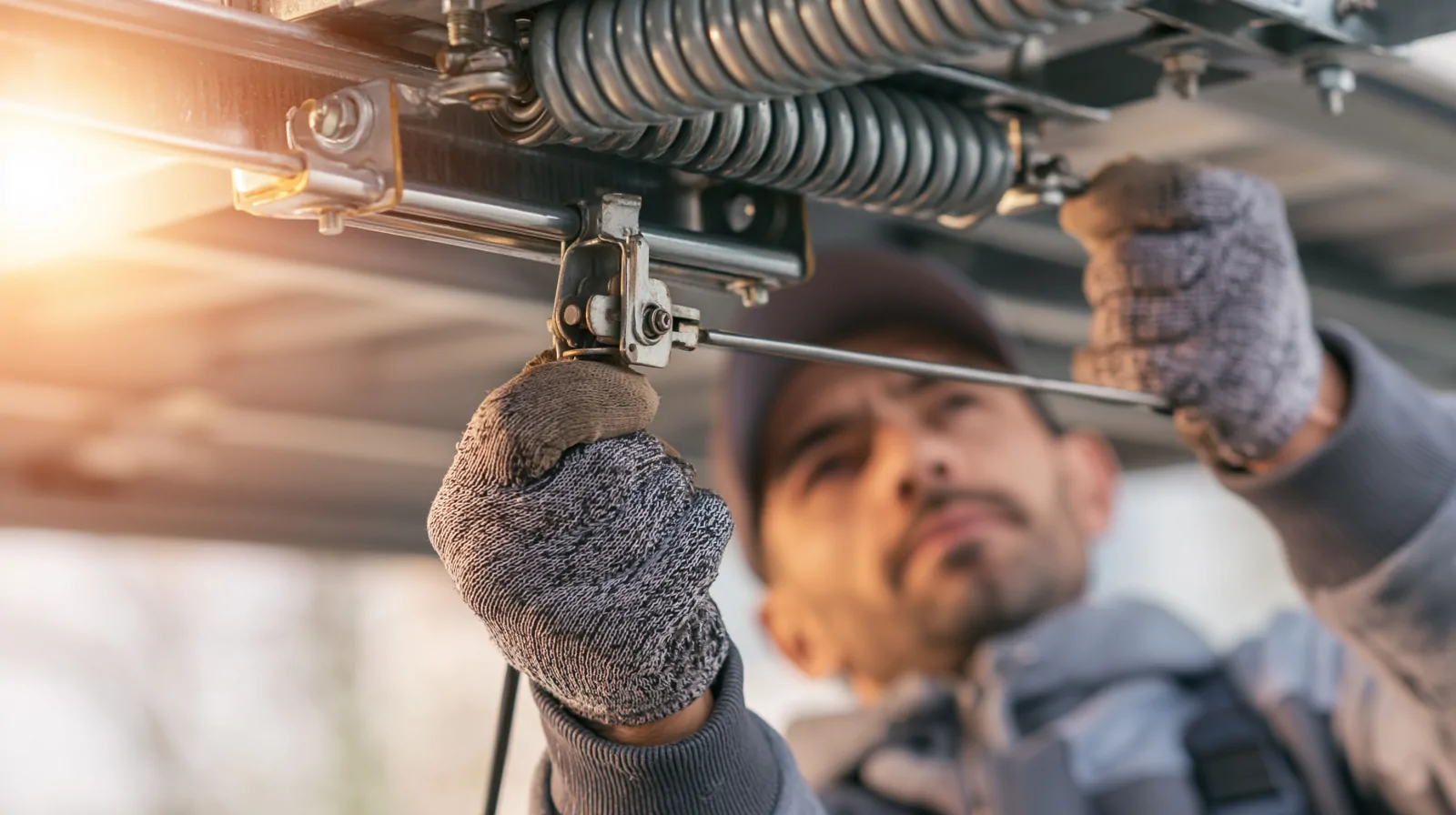 Titletown Garage Door technician working on a torsion spring cable drum during a Green Bay garage door repair