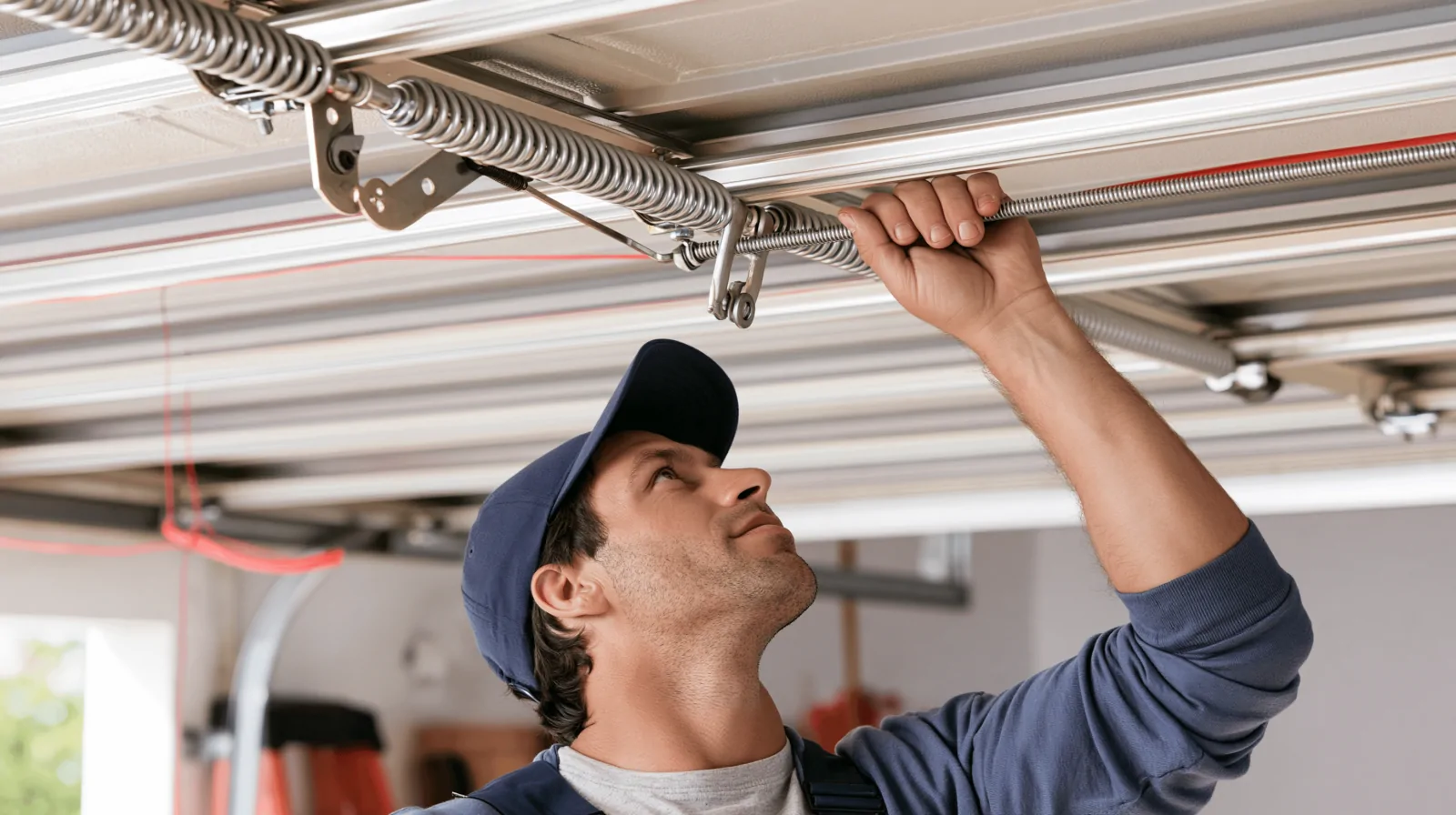 Titletown Garage Door technician inspecting a torsion spring assembly above a residential garage door in Green Bay