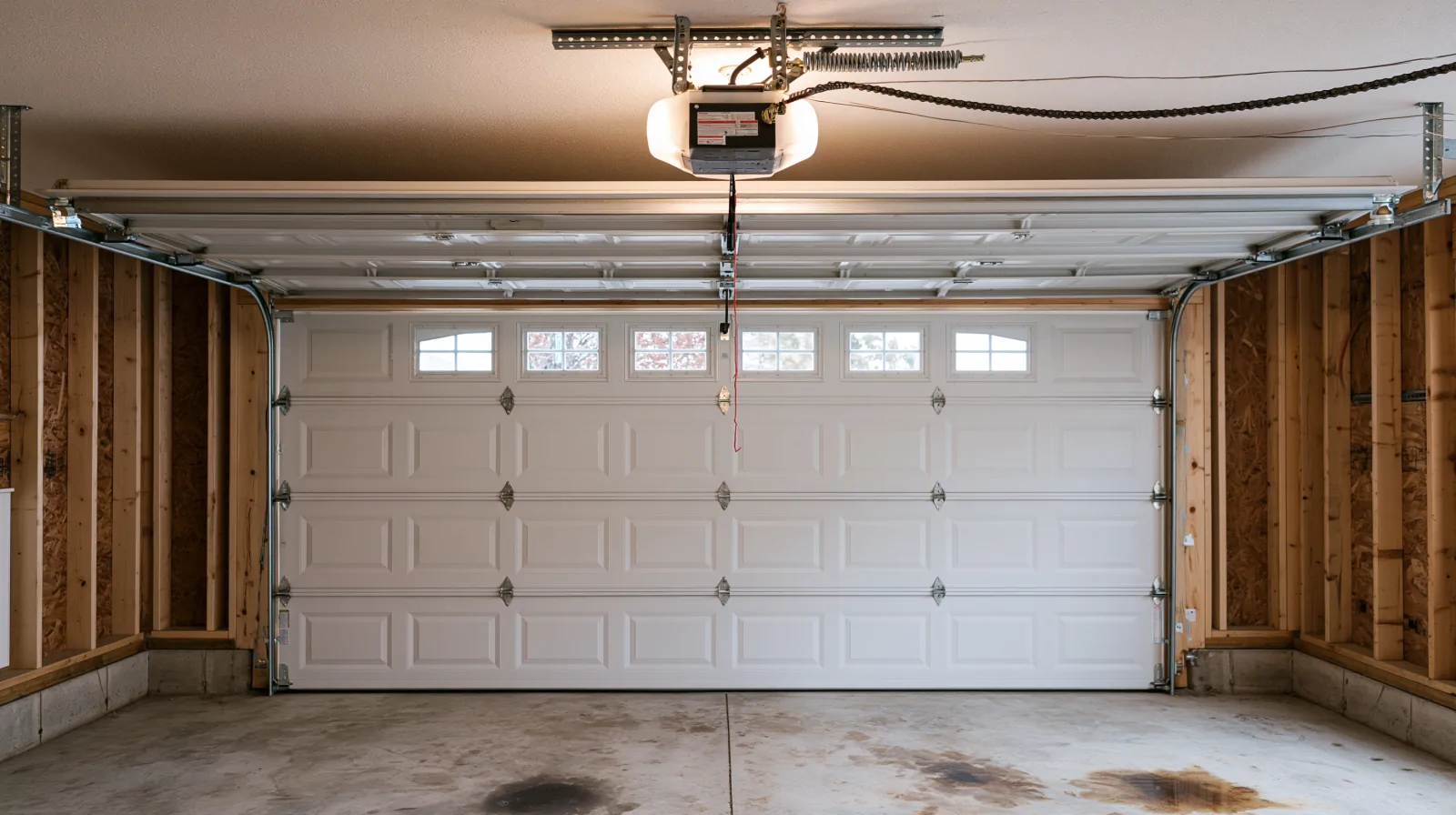 Interior of a new-construction attached garage in a Ledgeview subdivision showing insulated white raised-panel sectional door, torsion spring assembly, and ceiling-mounted opener