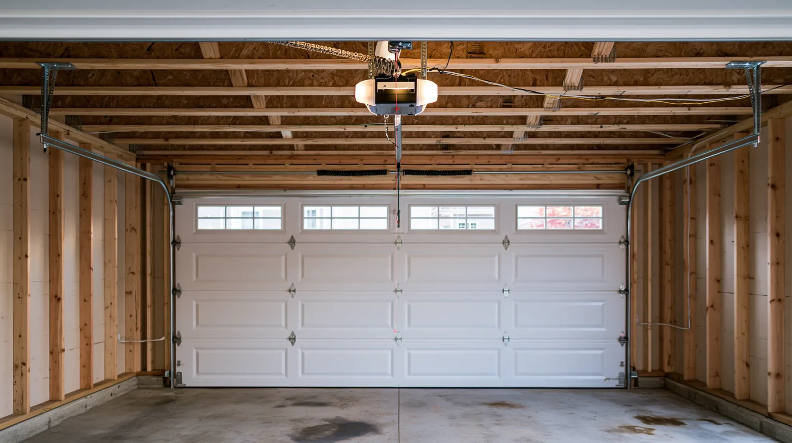 Interior of a new-construction attached two-car garage in a Suamico subdivision showing insulated white sectional door, exposed framing, torsion spring, and ceiling-mounted opener